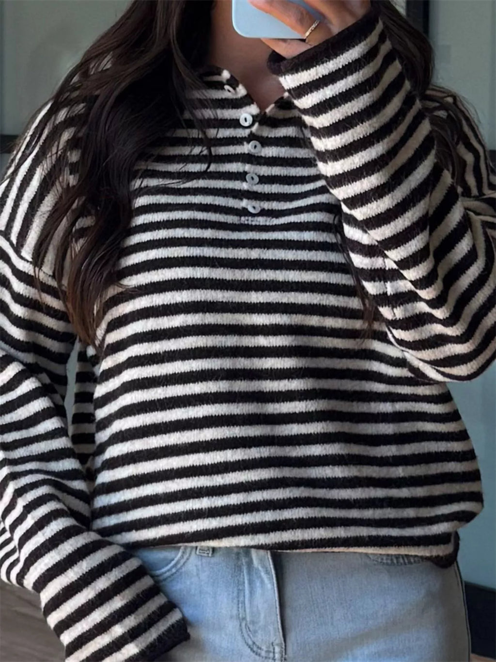 Button Detail Dropped Shoulder Striped Sweater (10)