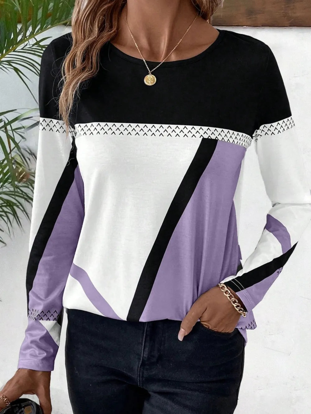 Contrast Round Neck Long Sleeve T-shirt (9)