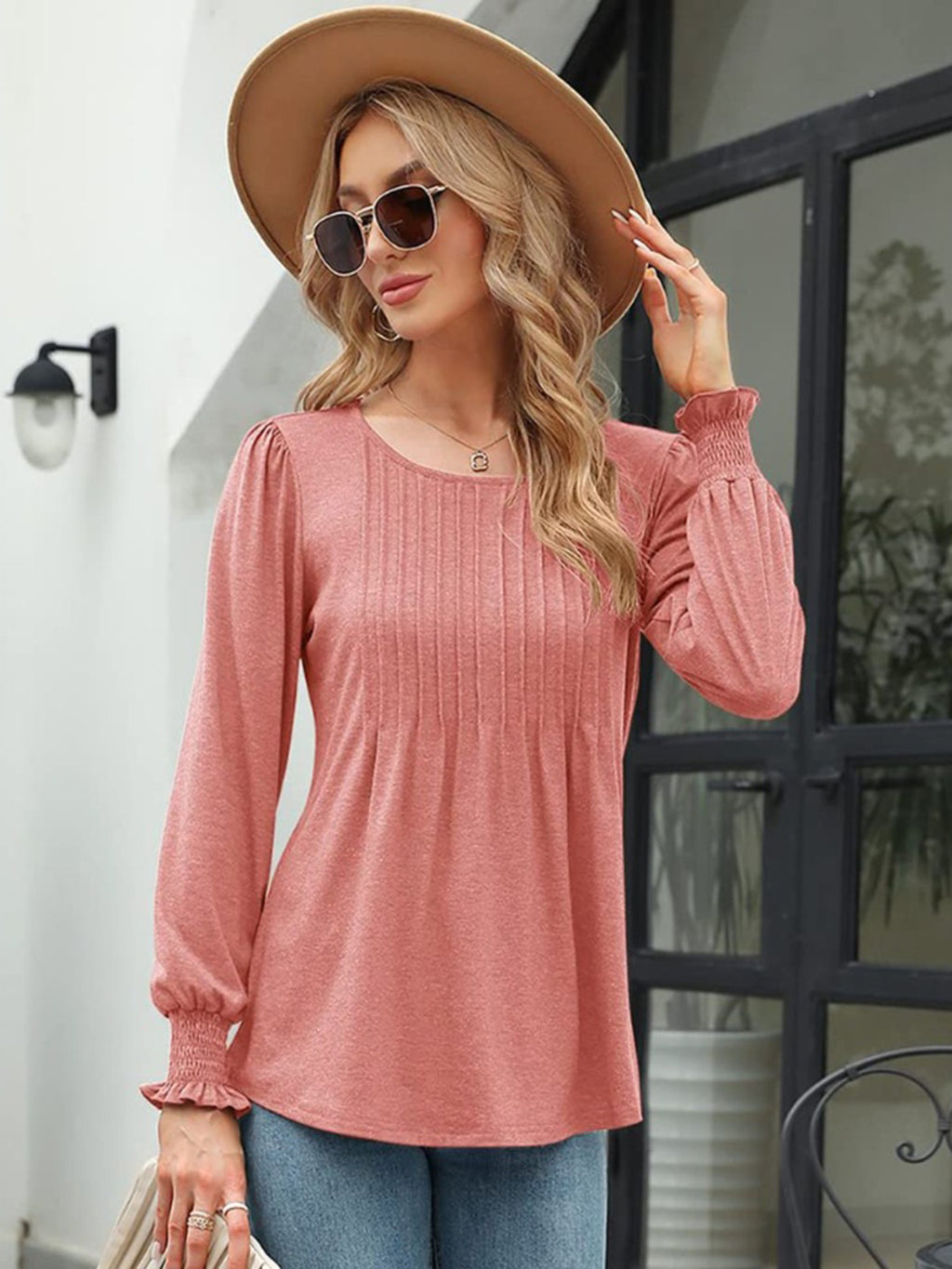Smocked Round Neck Lantern Sleeve Blouse (8)