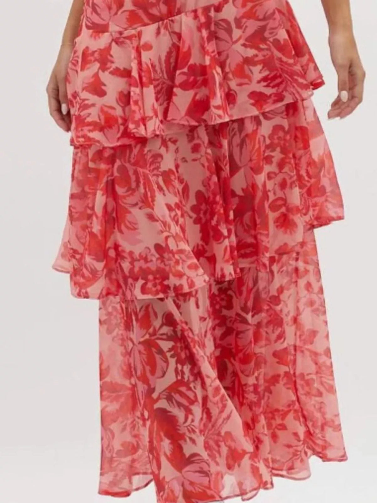 V-neck Sleeveless Floral Print Layered Ruffle Maxi Dress (2)