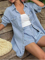 Button Up Long Sleeve Shirt Shorts Denim Set (7)