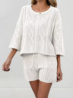 Cable Knit 3/4 Sleeve Sweater Shorts Set