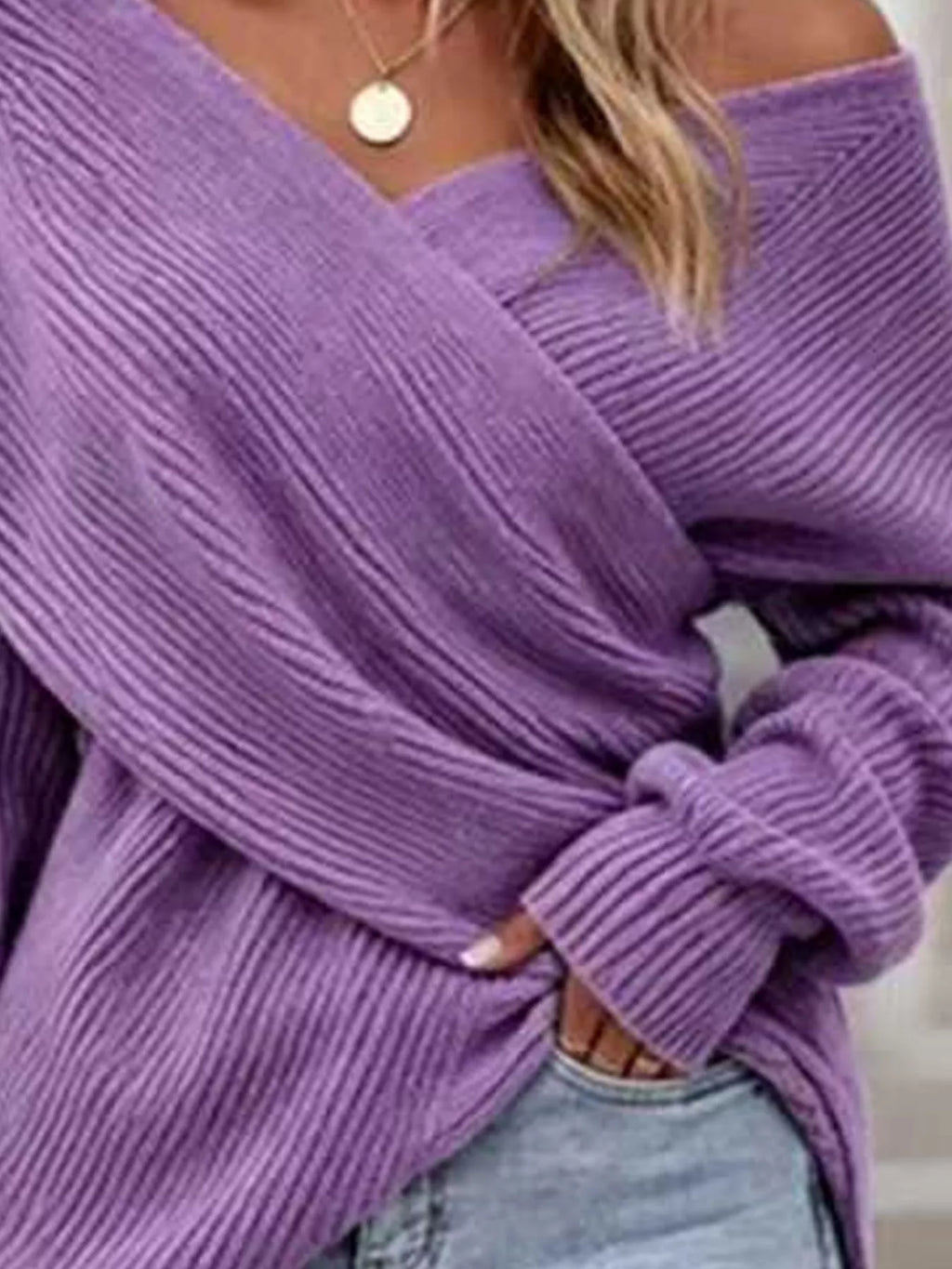 Crisscross Ribbed Knit Long Sleeve Sweater (2)