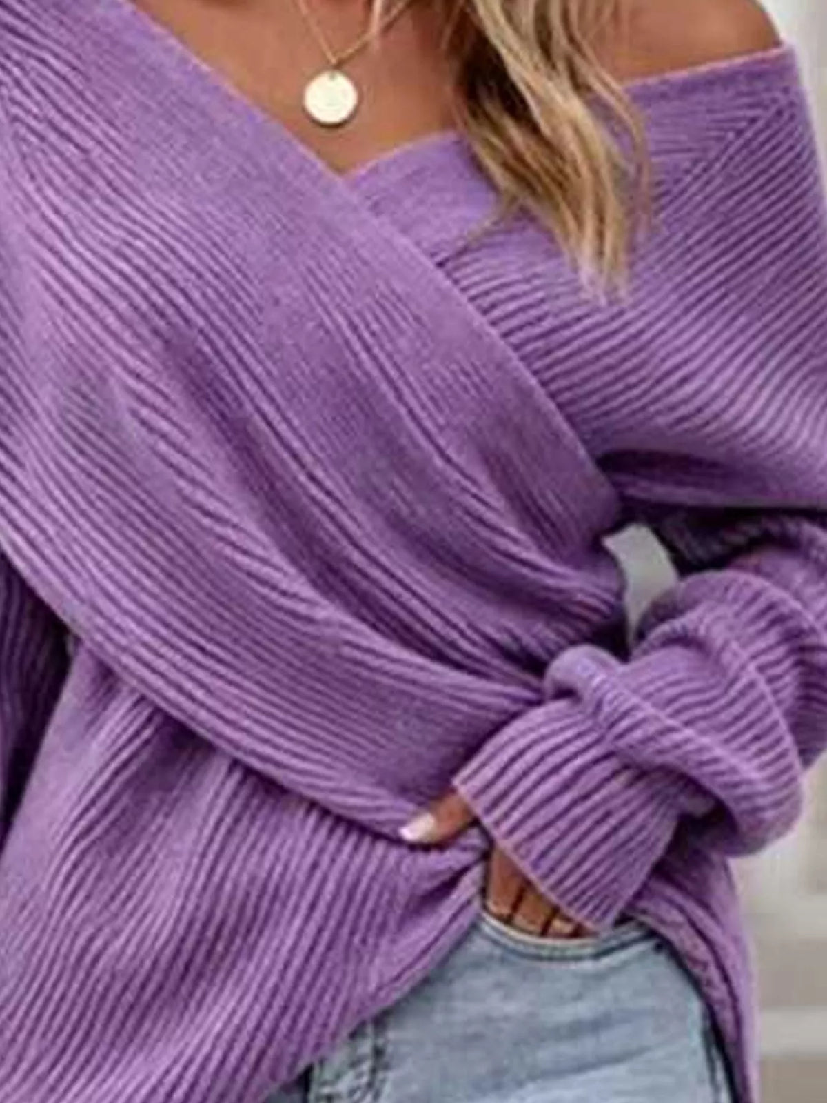 Crisscross Ribbed Knit Long Sleeve Sweater (2)
