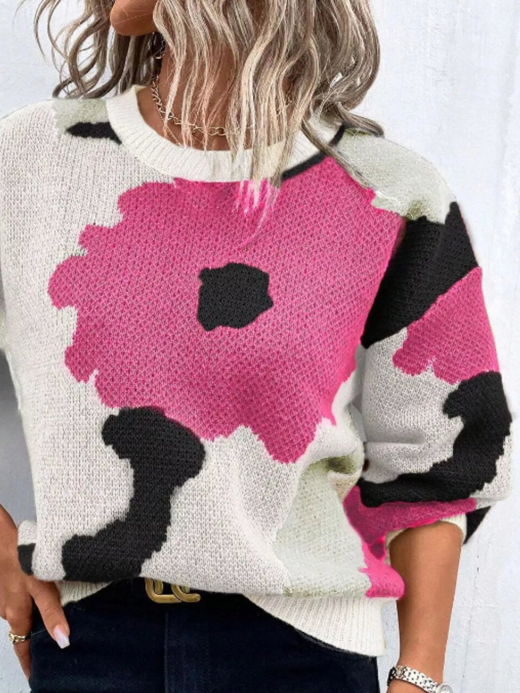 Floral Pattern Round Neck Sweater (9)