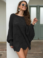 Full Size Boat Neck Lantern Sleeve Openwork Knit Top (13)