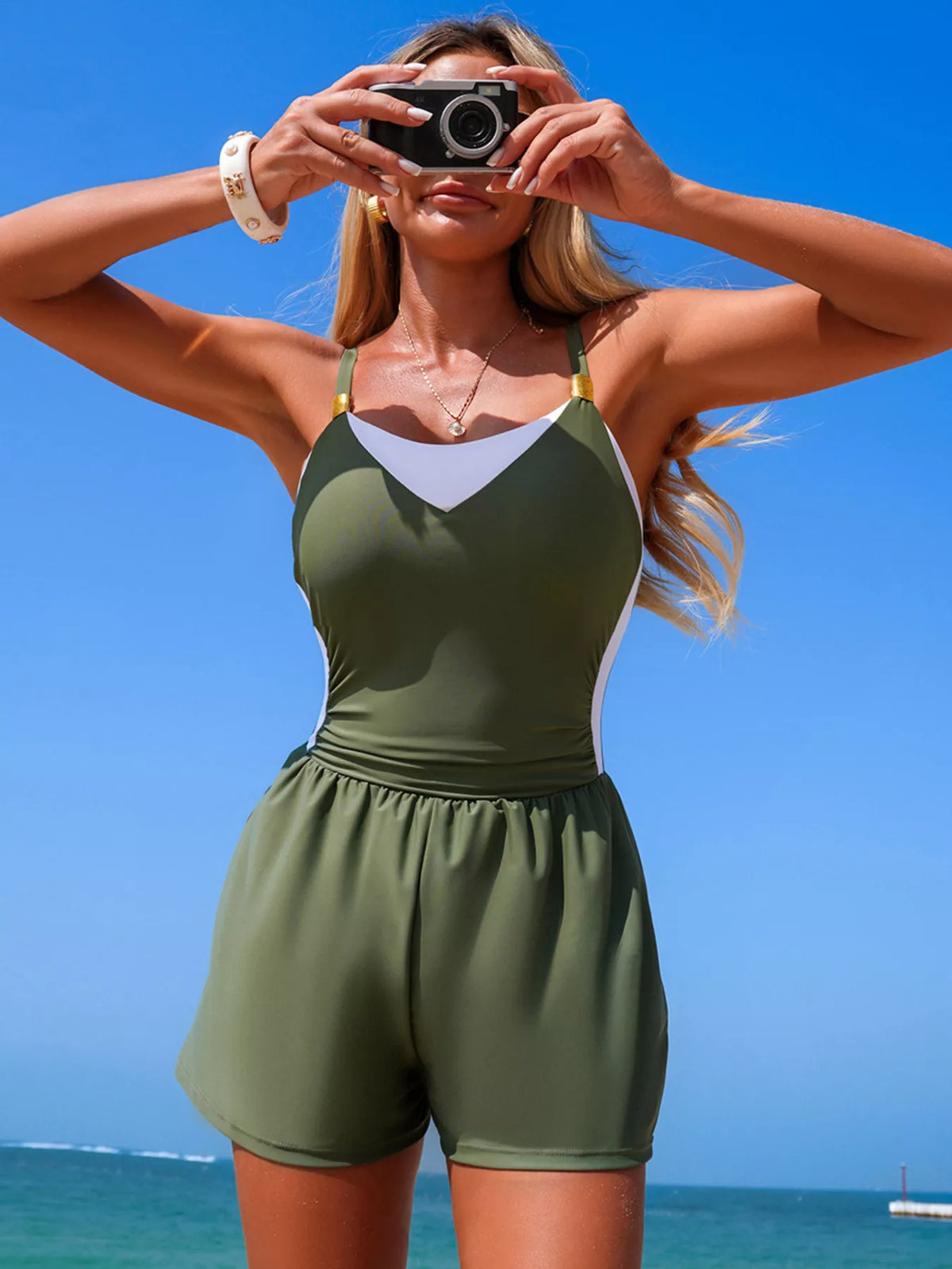 Block Adjustable Strap One-piece Swimsuit (6)