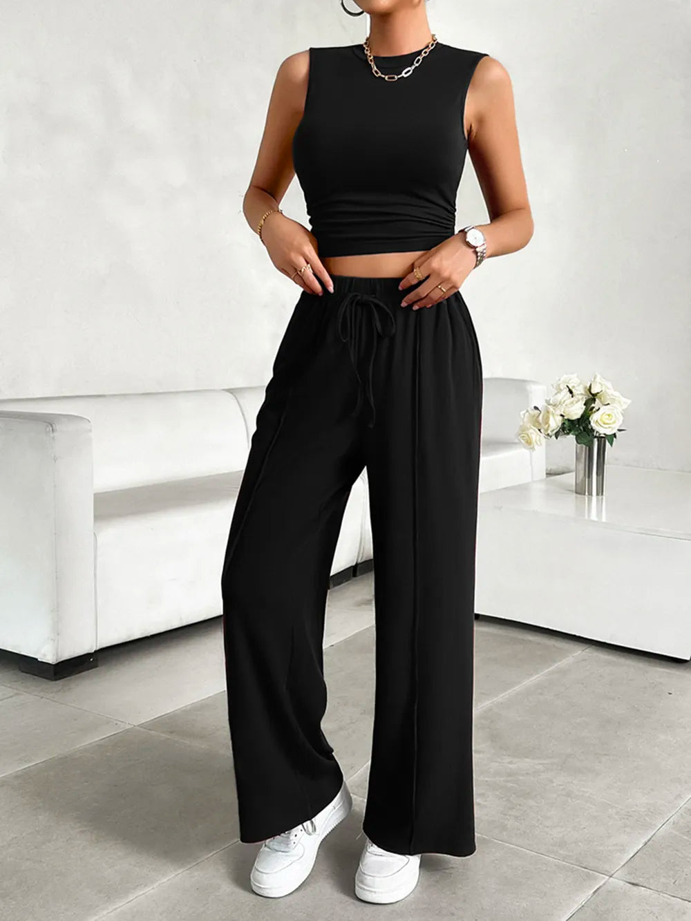 Mock Neck Sleeveless Top Drawstring Pants Set (13)