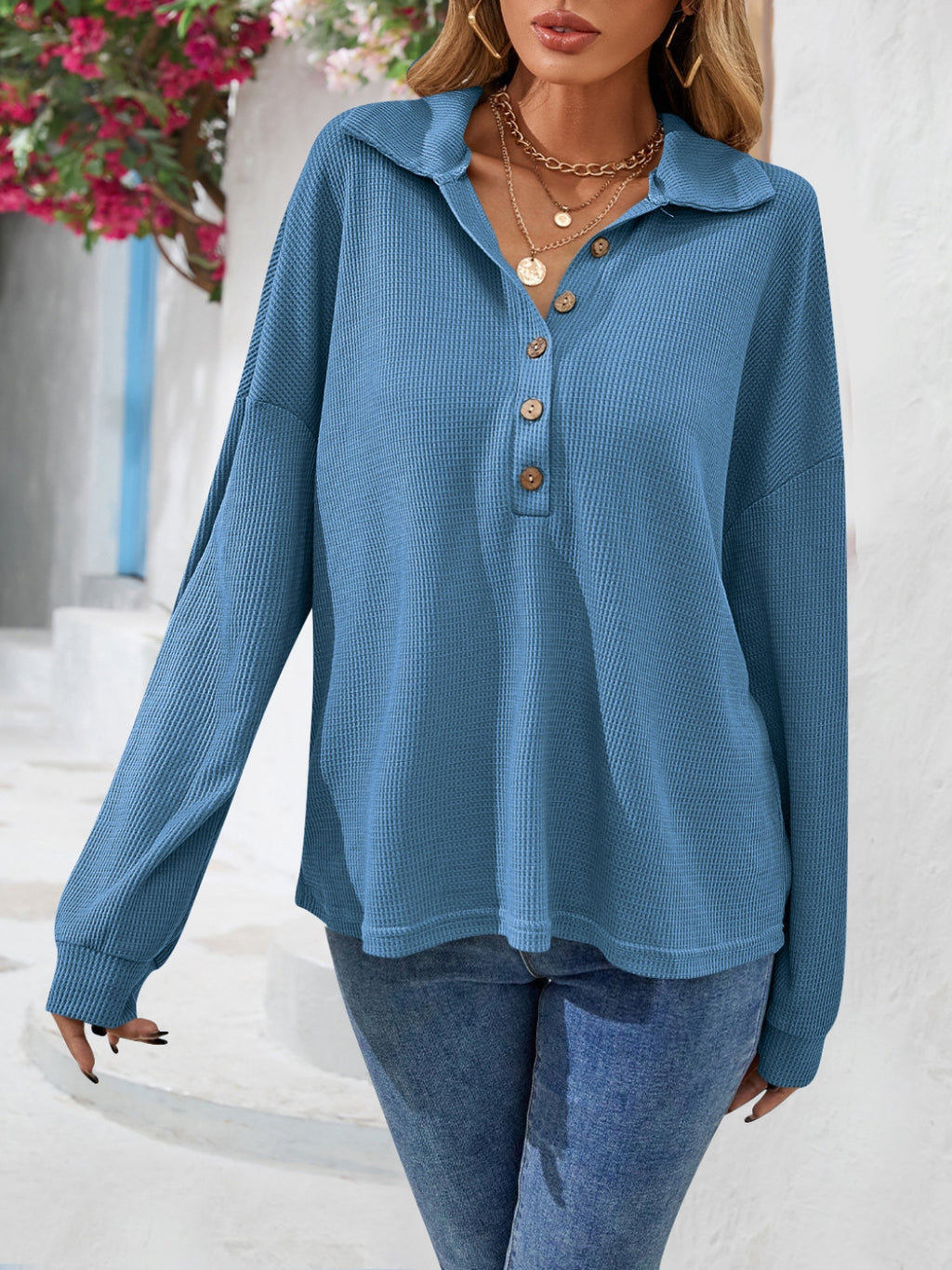 Half Button Collared Neck Long Sleeve Top (11)