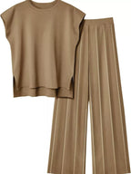 Casual Solid Color Cap Sleeve Top Pants Knit Set (23)