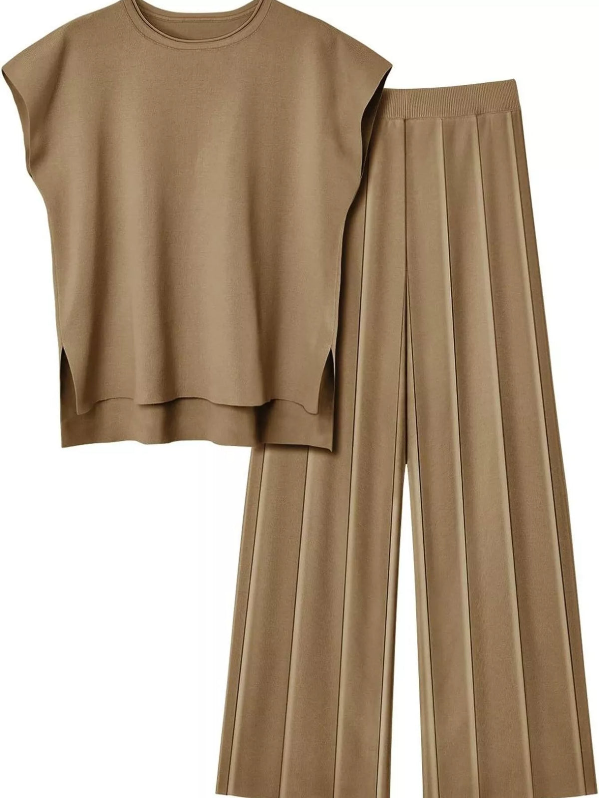 Casual Solid Color Cap Sleeve Top Pants Knit Set (23)