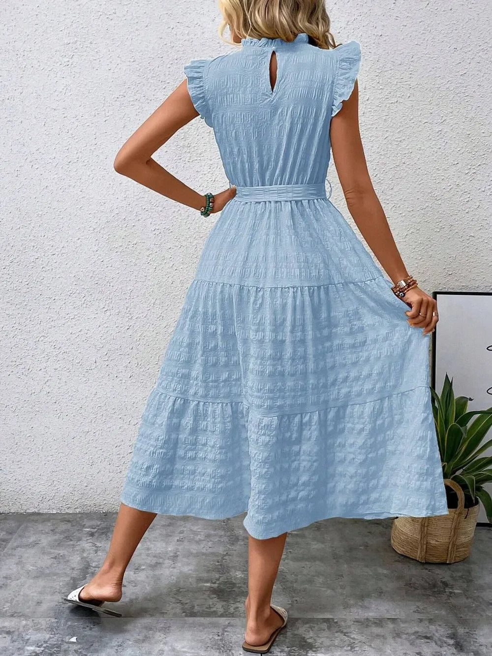 Tied Ruffled Cap Sleeve Midi Dress (8)