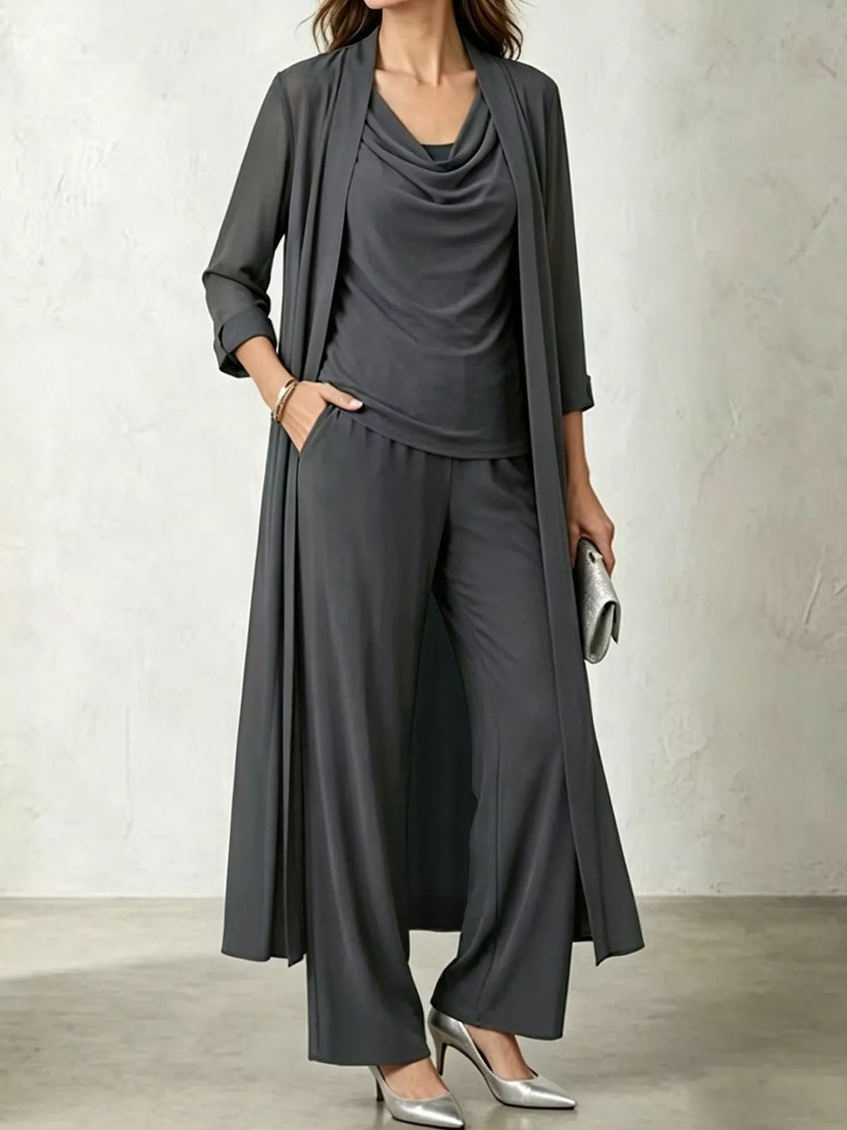 Full Size Cowl Neck Top Cardigan Pants Set Plus (20)