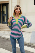 Contrast Striped Notched Long Sleeve Top (23)
