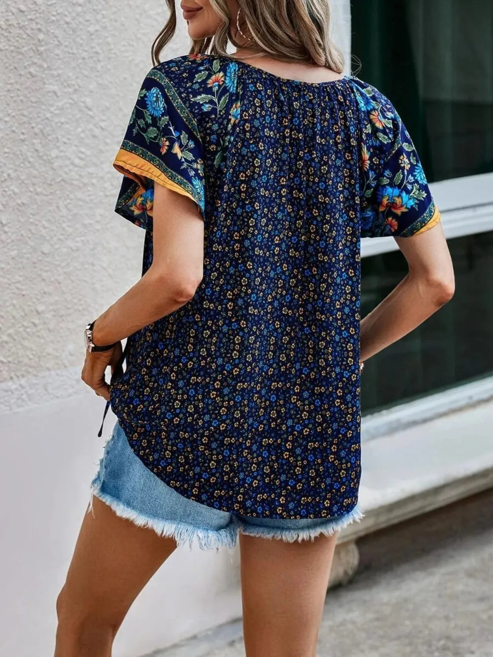 Printed Tie Neck Short Sleeve Blouse (6)