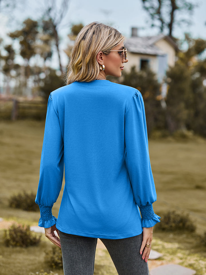 Notched Neck Flounce Sleeve Blouse (2)