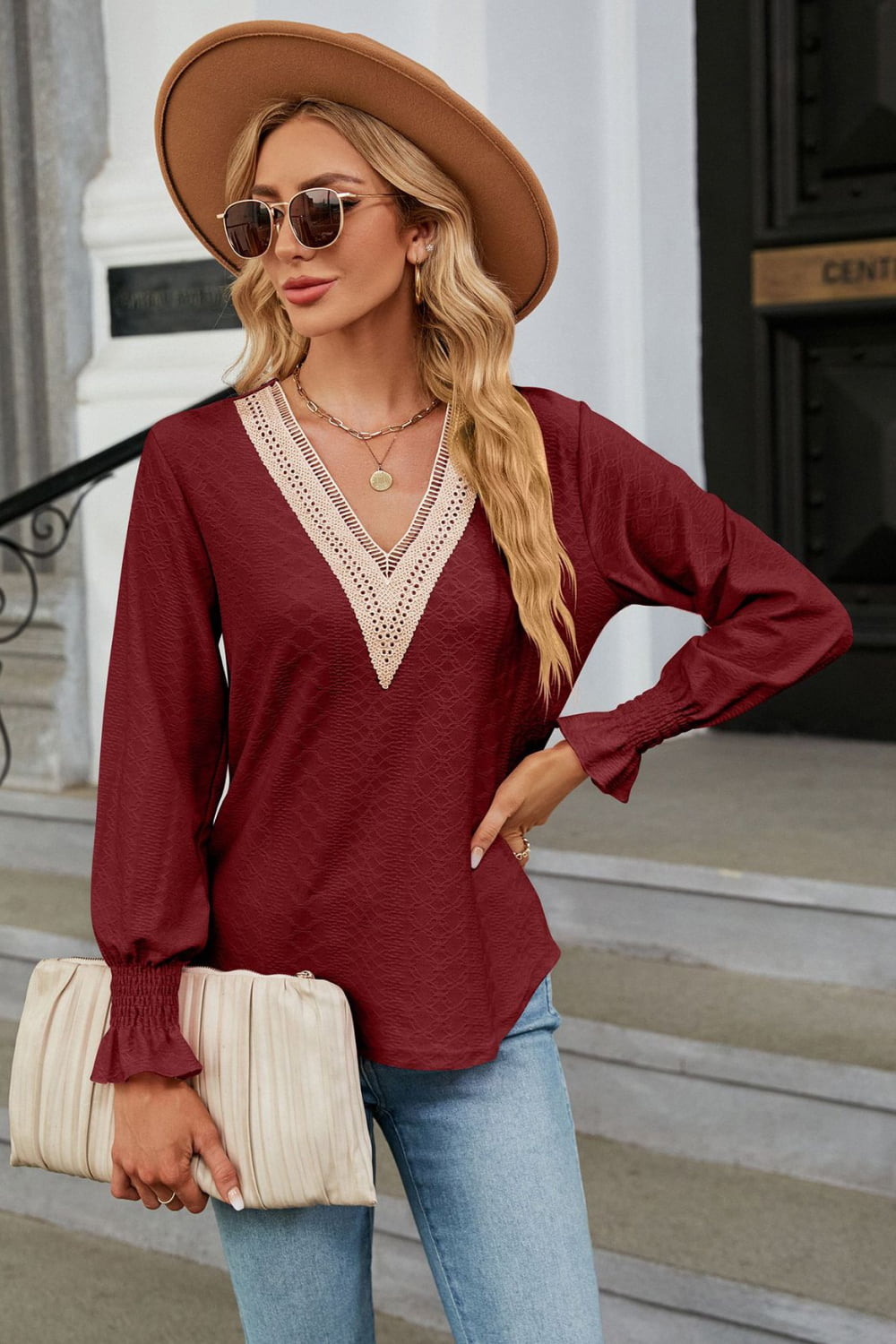 V-neck Flounce Sleeve Blouse (3)