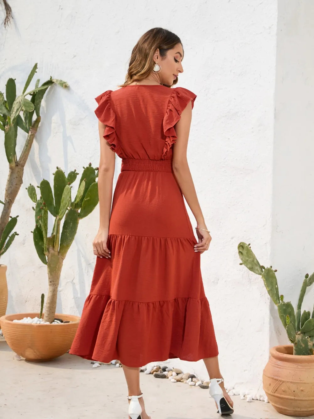 Tiered Ruffled V-neck Cap Sleeve Dress (12)