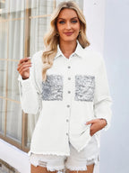Raw Hem Button Up Long Sleeve Denim Jacket Sequin Pockets (16)