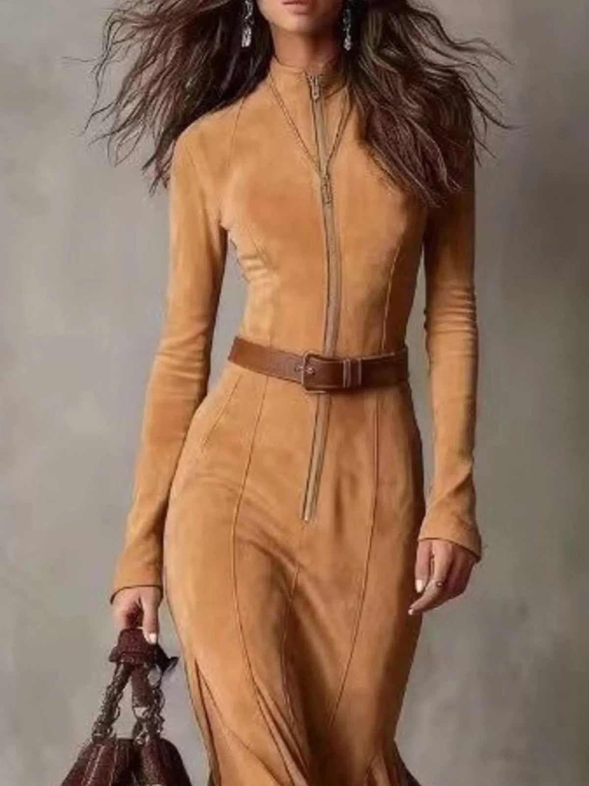 Full Size Slit Zip-front Long Sleeve Maxi Dress Belt Plus (7)