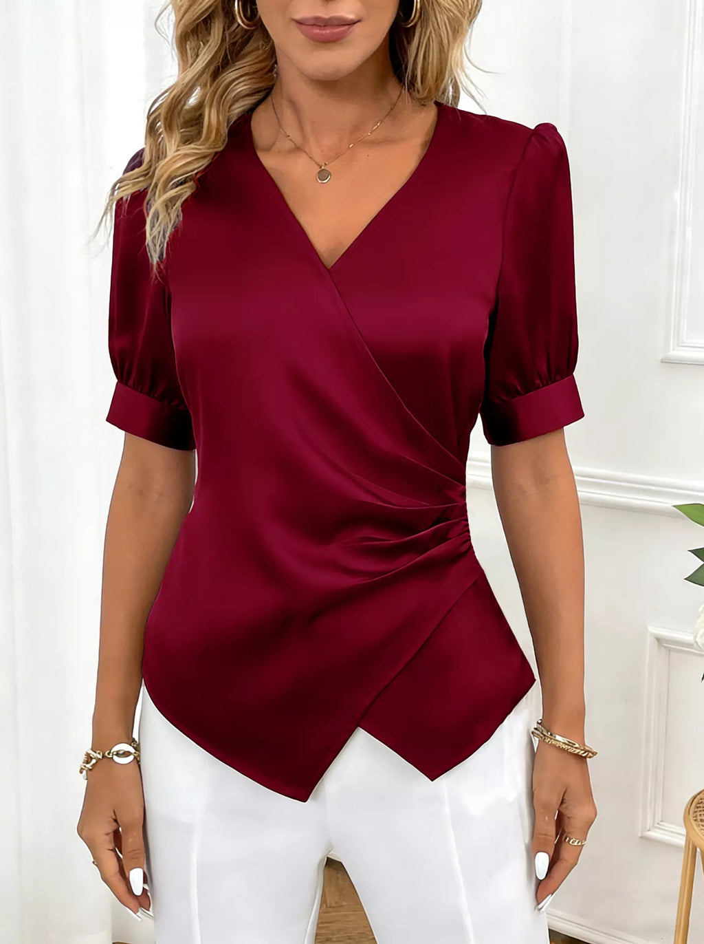 Satin Surplice Short Sleeve Blouse (4)
