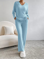 Ribbed Knit V-neck Top Pants Set (20)
