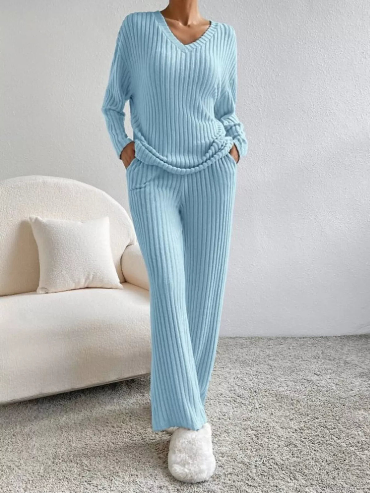 Ribbed Knit V-neck Top Pants Set (20)