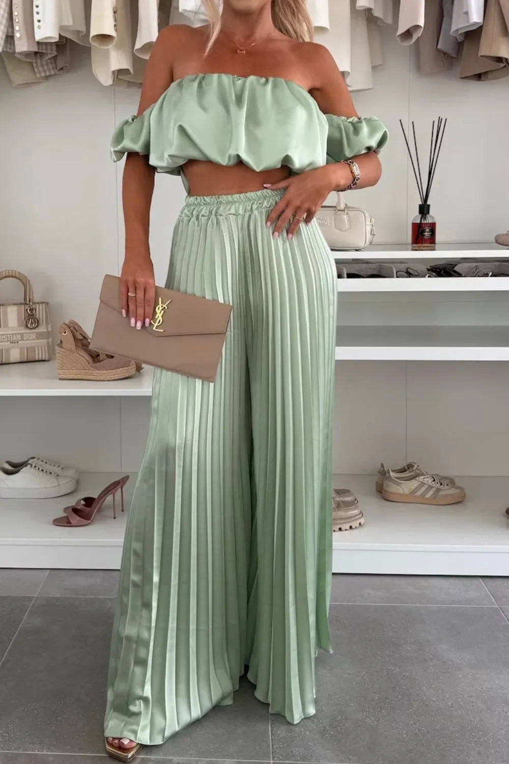 Off-shoulder Top Pleated Pants Set (22)