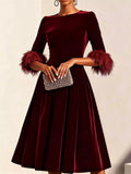 Velvet Midi Dress Feather Cuffs (3)