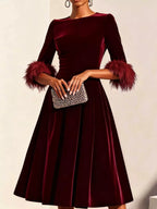Velvet Midi Dress Feather Cuffs (3)