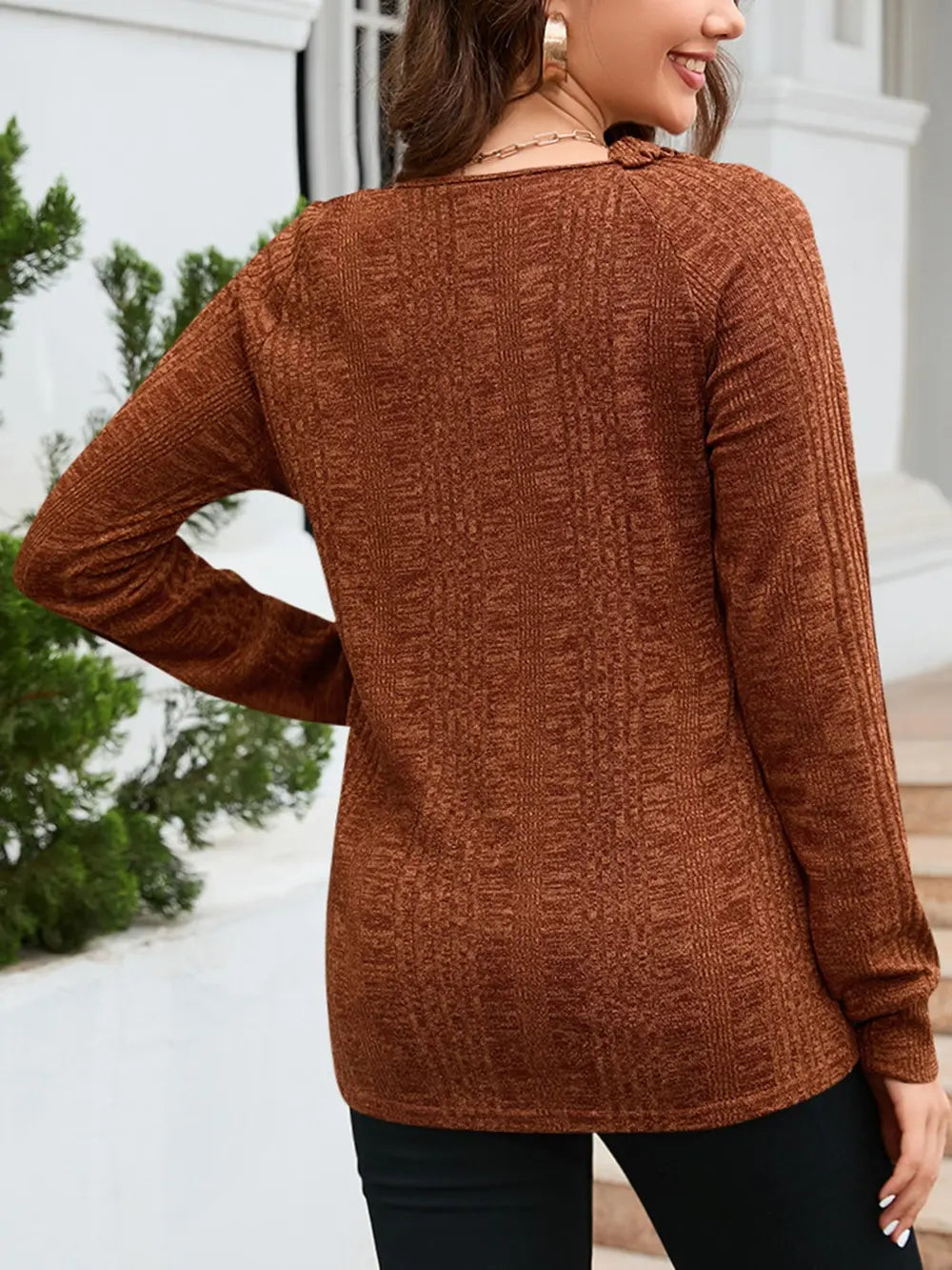 Texture Round Neck Long Sleeve Knit Top (2)