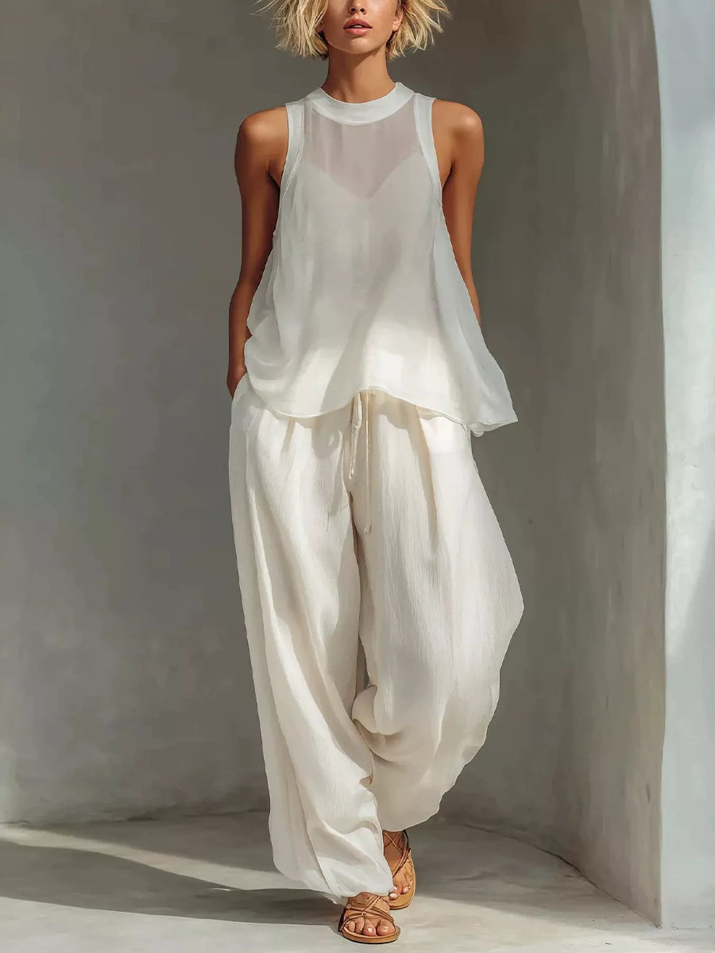 Full Size Sheer Sleeveless Top Wide-leg Pants Set Plus