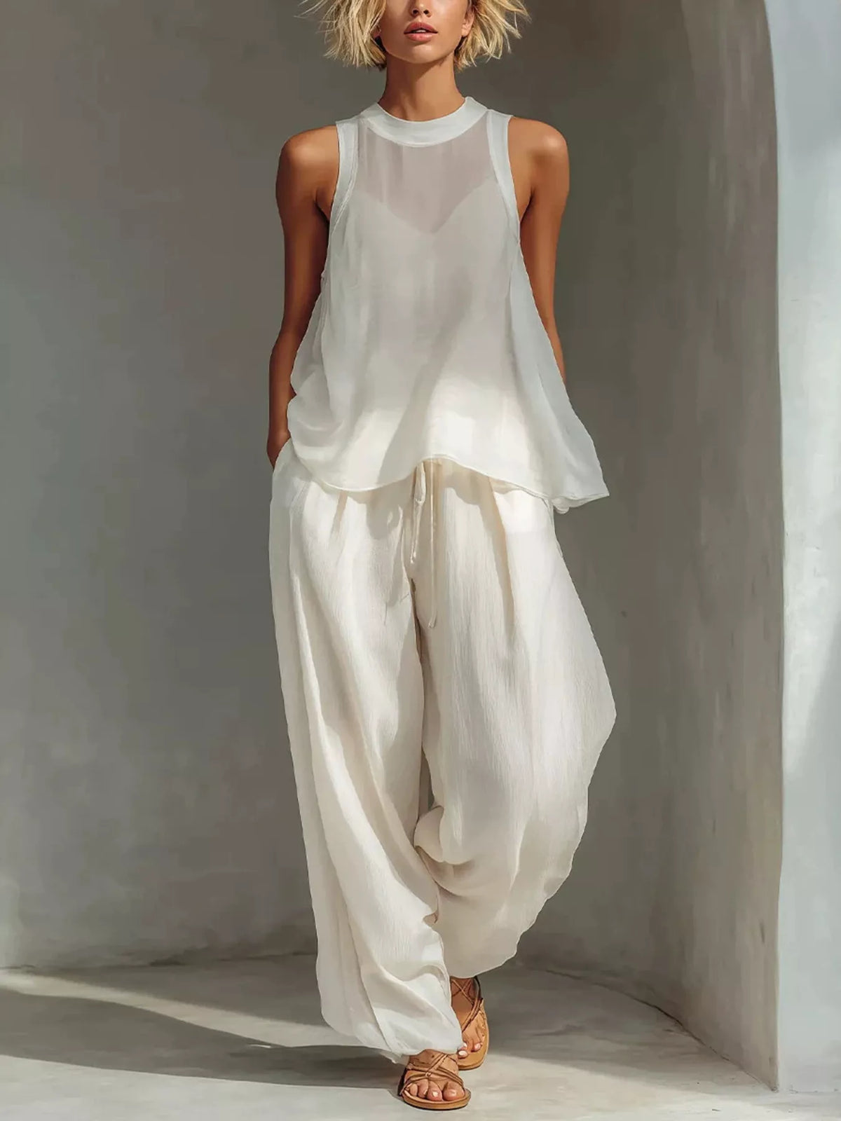Full Size Sheer Sleeveless Top Wide-leg Pants Set Plus
