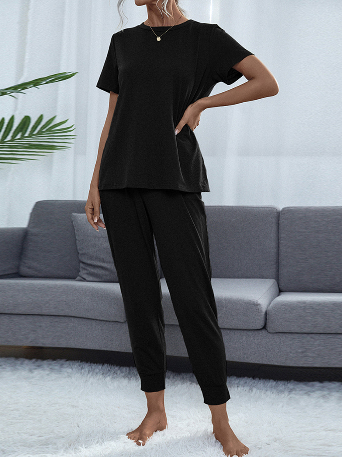 Round Neck Short Sleeve Top Pants Set (3)