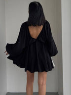 Deep V-neck Balloon Sleeve Dress (9)
