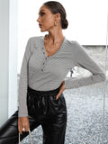 Striped Buttoned V-neck Long Sleeve Top