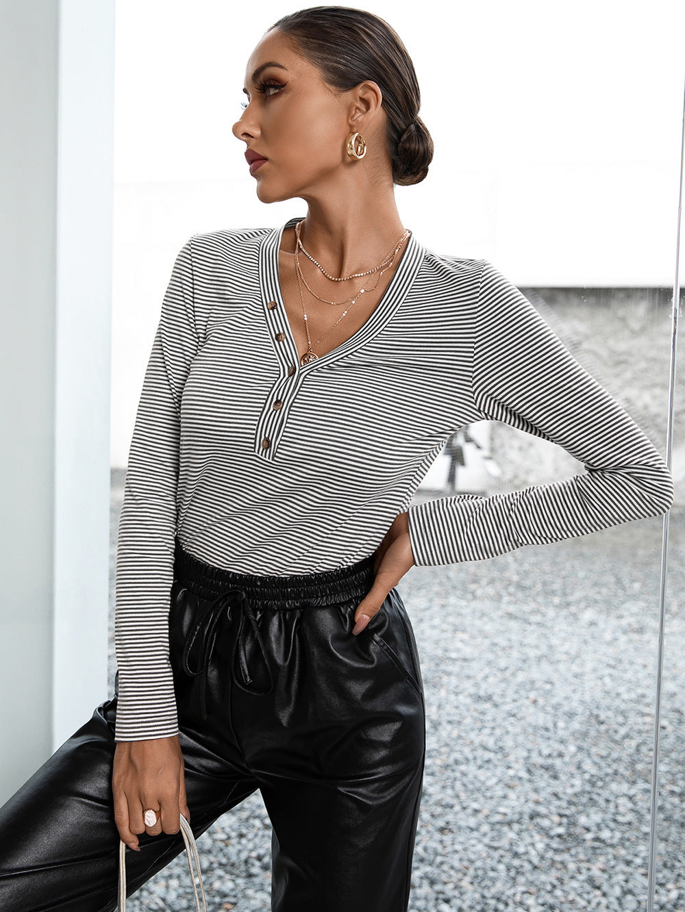 Striped Buttoned V-neck Long Sleeve Top