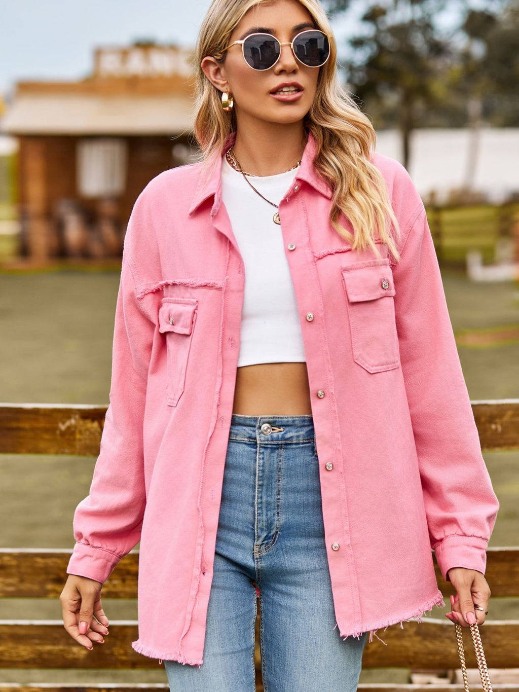 Button Up Collared Neck Raw Hem Denim Top