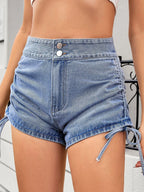 Ruched Side Drawstring Denim Shorts (4)