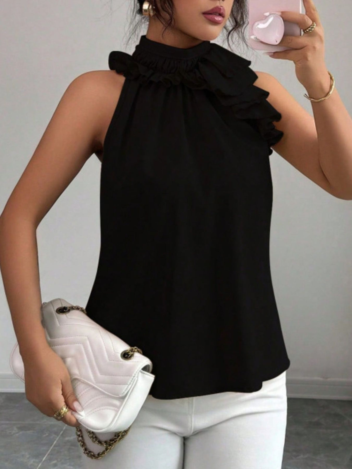 Ruffle High Neck Sleeveless Top (23)