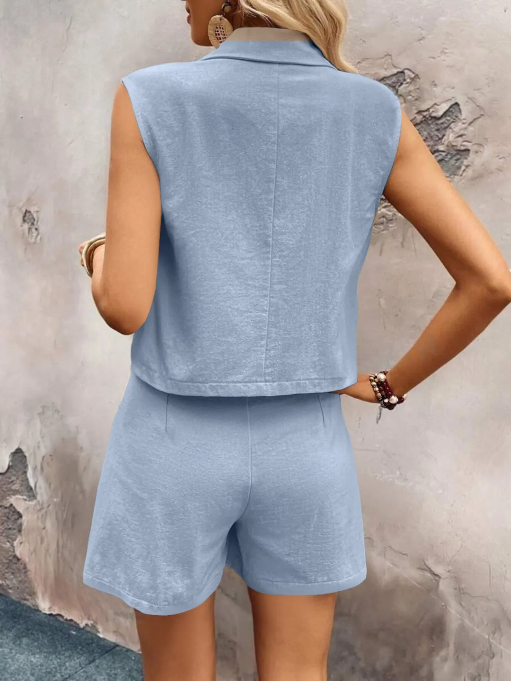 One Button Sleeveless Top Shorts Set (11)