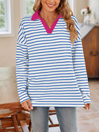 Striped Johnny Collar Long Sleeve T-shirt (5)