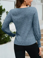 Ribbed Round Neck Lantern Sleeve Knit Top (2)