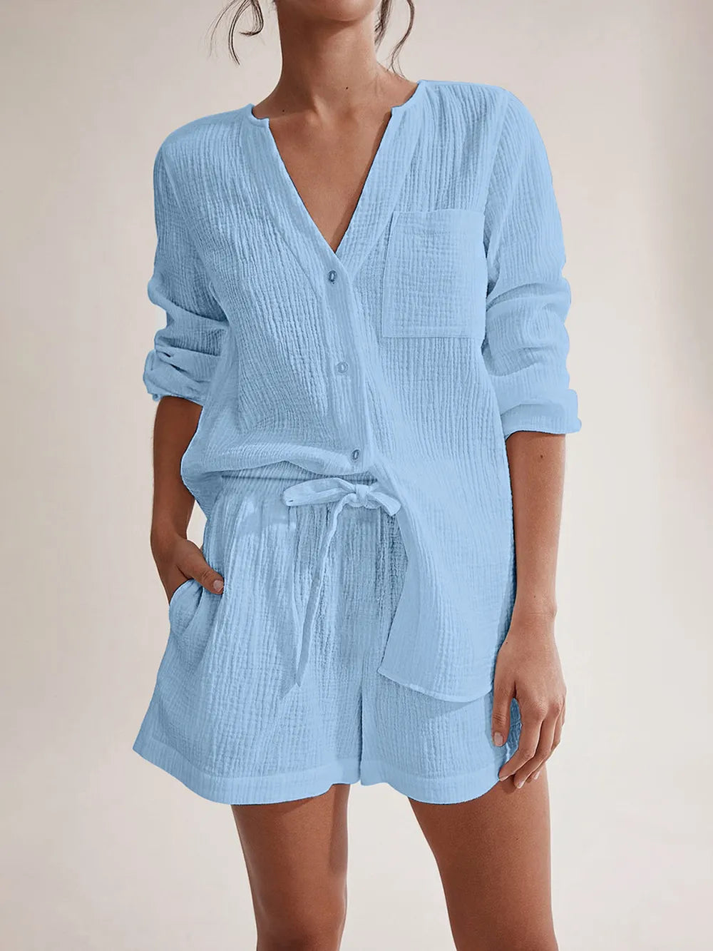 Notched Long Sleeve Top Shorts Set (7)