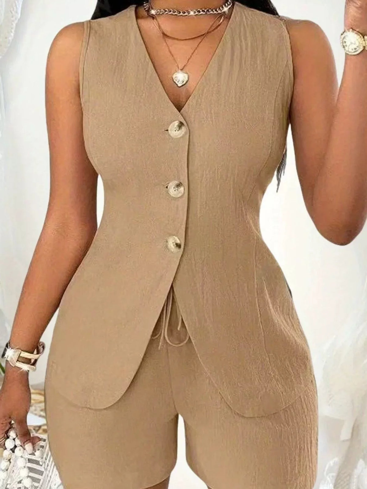 Sleeveless Button-down Vest Shorts Set (22)