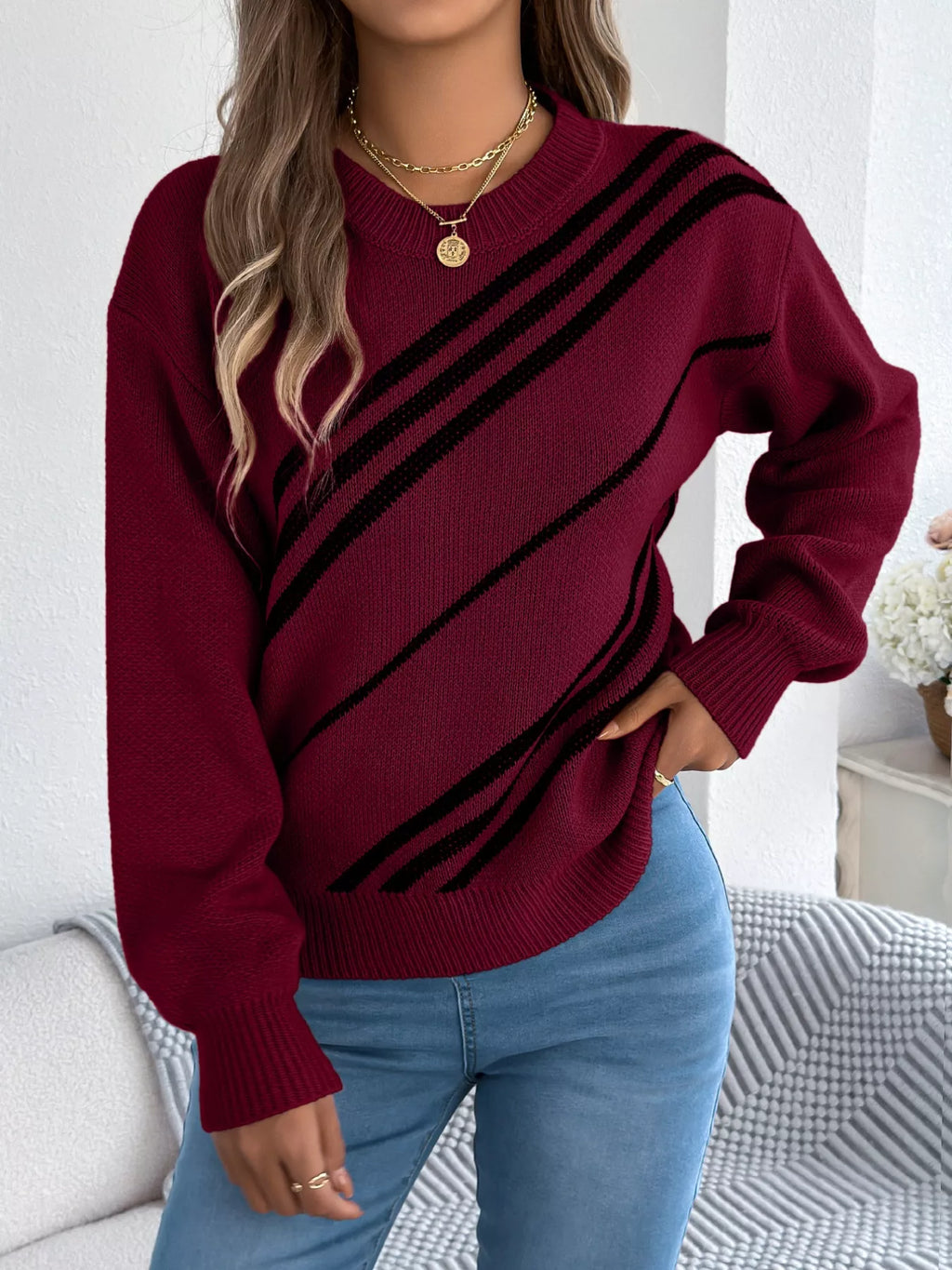 Striped Pattern Casual Round Neck Sweater (12)