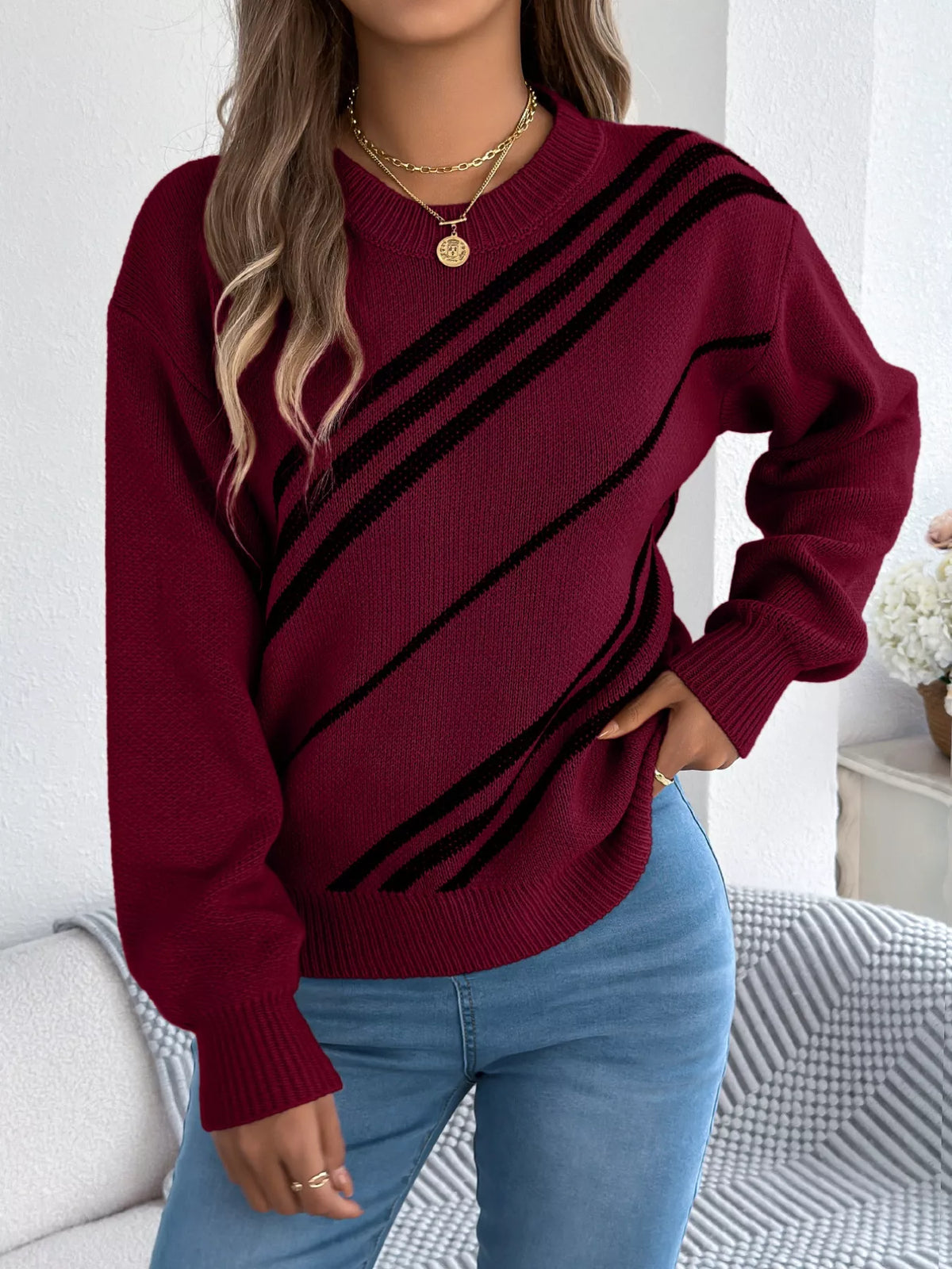 Striped Pattern Casual Round Neck Sweater (12)