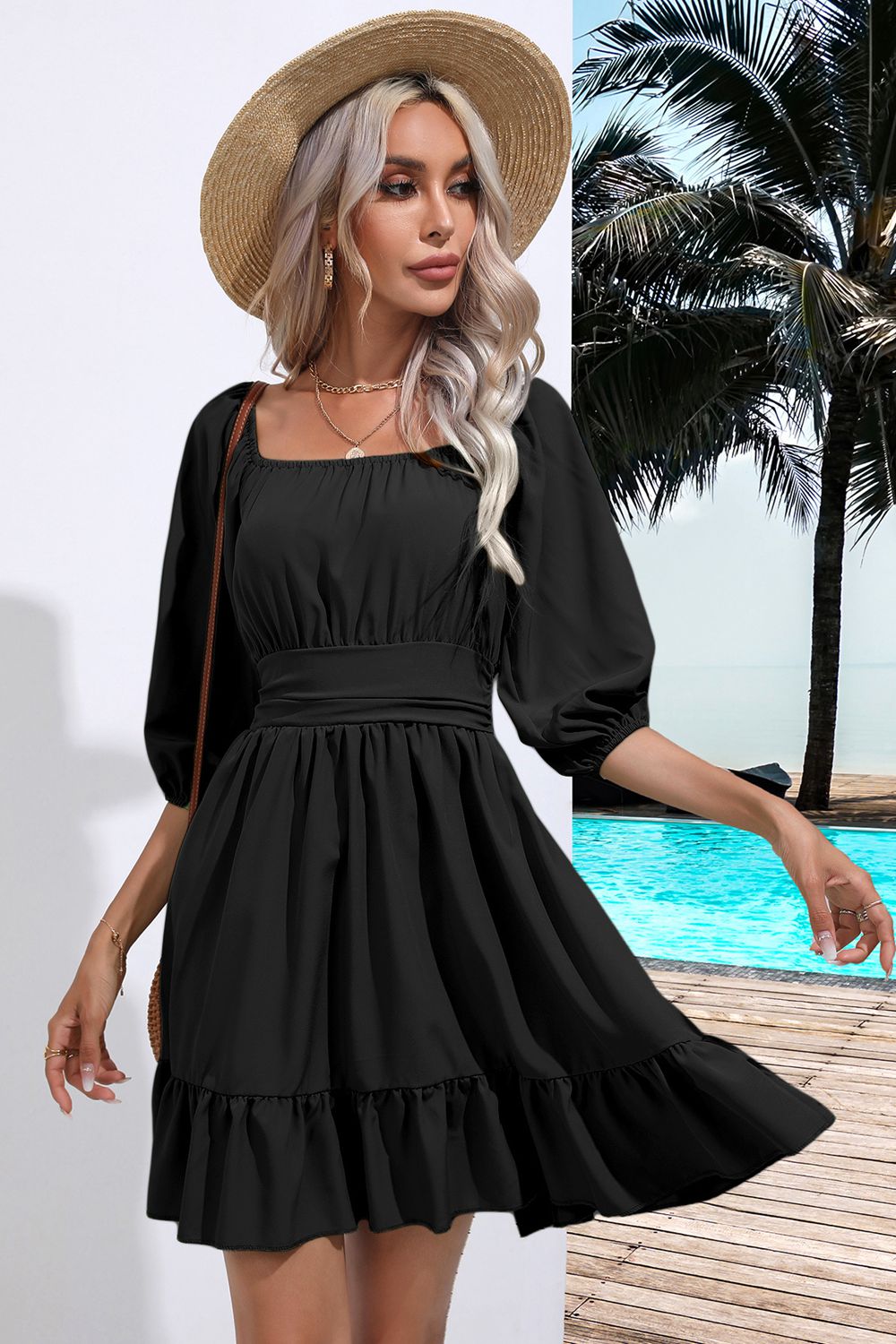Square Neck Tie Back Ruffle Hem Dress (15)