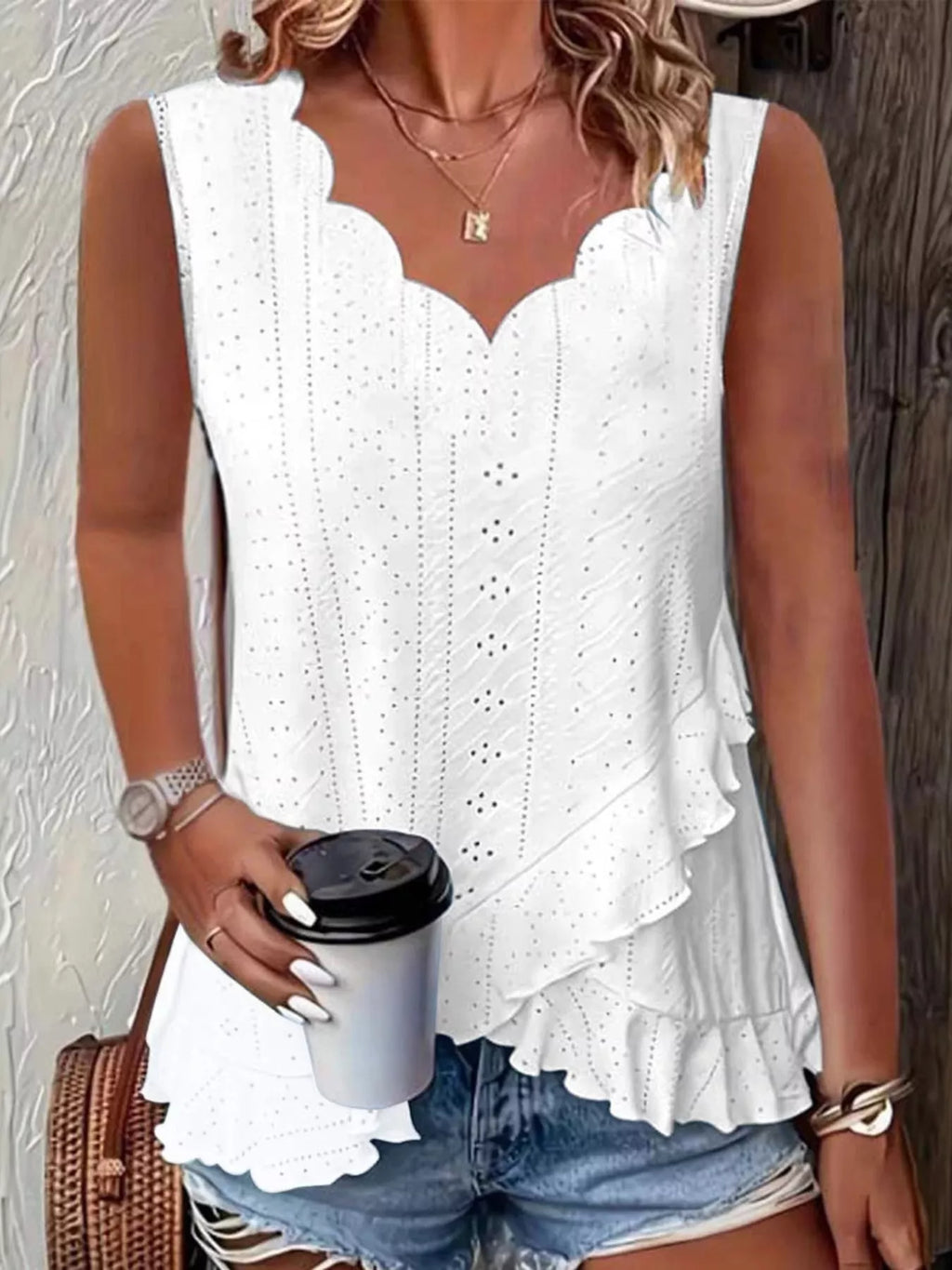 V-neck Eyelet Ruffled Tank Top
