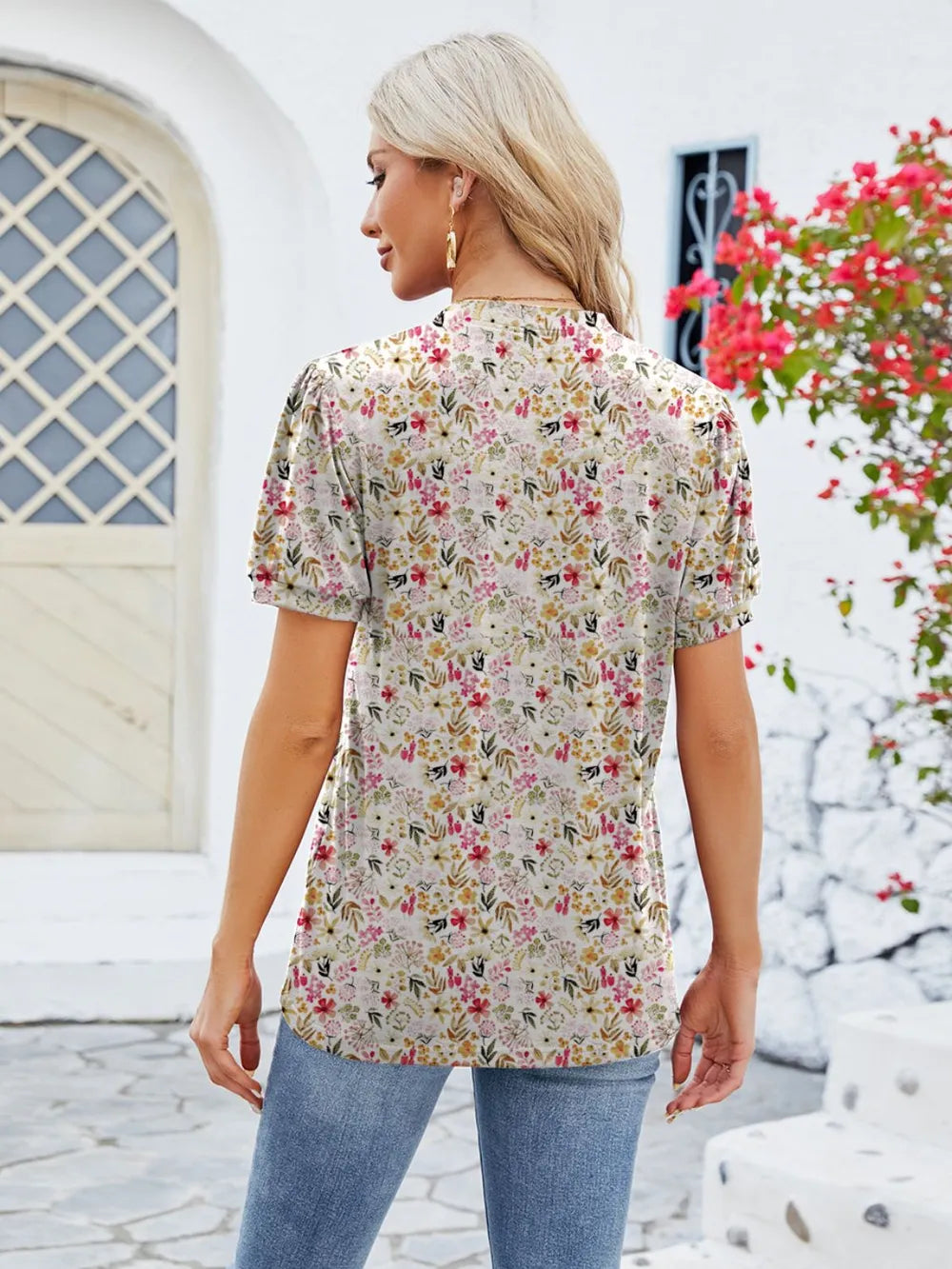 Ruched Printed Notched Short Sleeve Blouse (26)